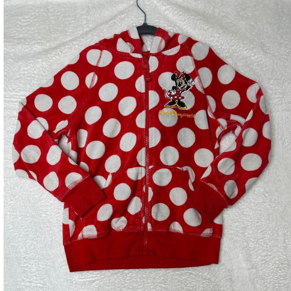 Disney Parks Minnie Mouse Hoodie Girls Small Red Polka Dot Full Zip Plush